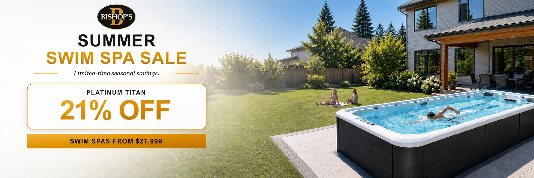 Titan swim spa sale at a realistic Canadian home on a bright summer day