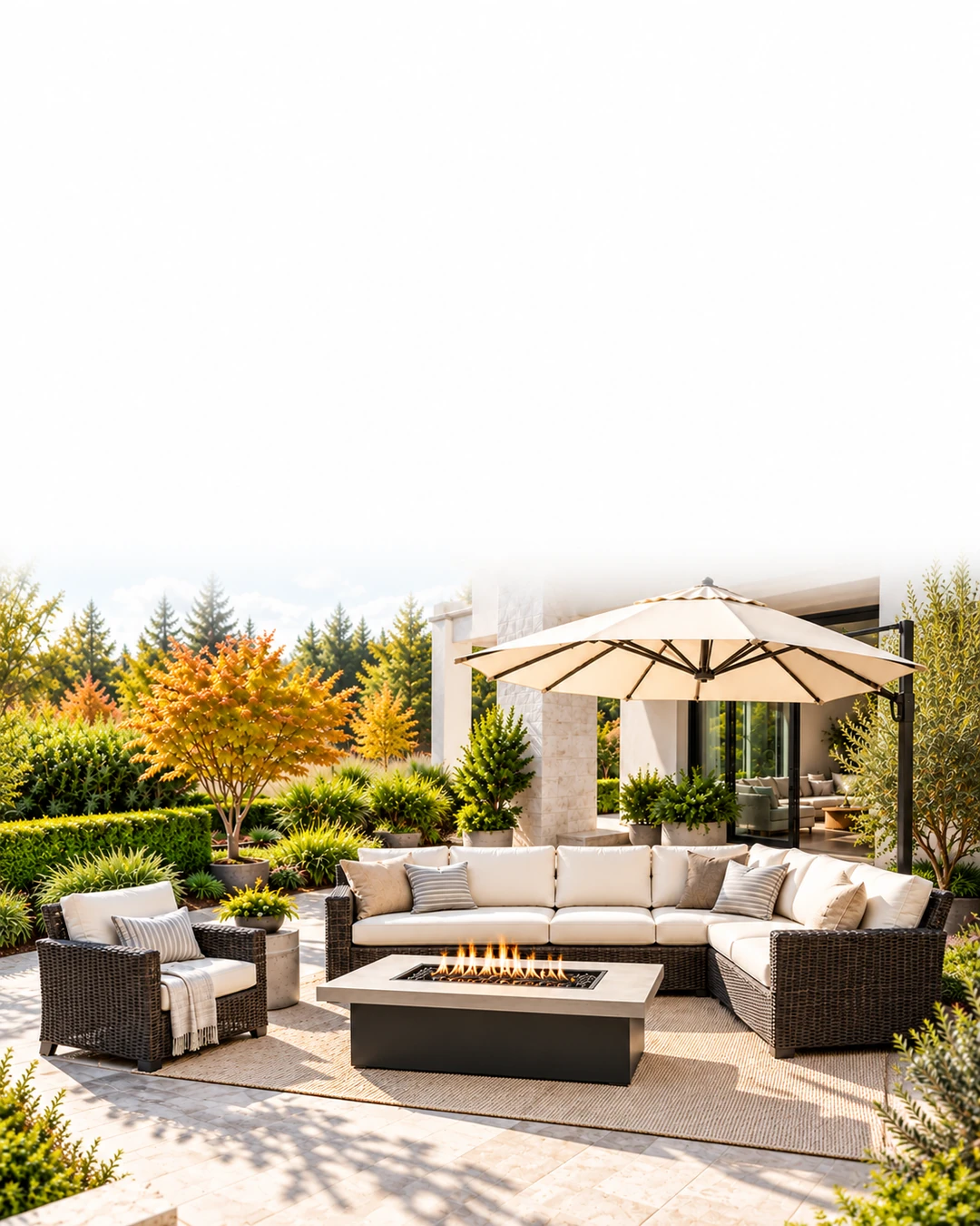Ivory-cushioned woven patio seating, a rectangular fire table and an ivory umbrella in a sunny landscaped autumn garden beside a white home