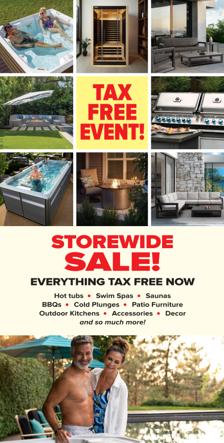Collage advertising a storewide sale with tax-free event, showing hot tubs, saunas, outdoor furniture, and a couple by a pool.